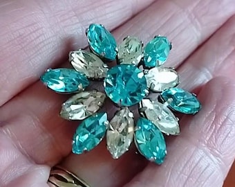 Vintage Rhinestone Flower Brooch, Aqua & Clear Diamante Pin, Silver Tone Safety Chain