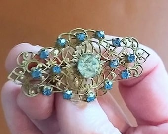Vintage Czech Bohemian Filigree Brooch with Blue & Clear Glass Accents