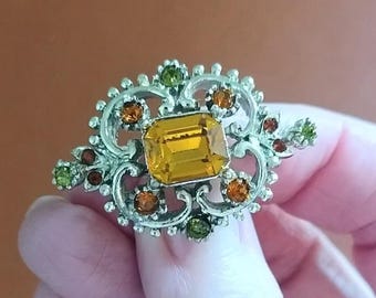 Vintage Exquisite Brooch, Faux Orange Citrine & Green Peridot, 1960s Costume Jewellery
