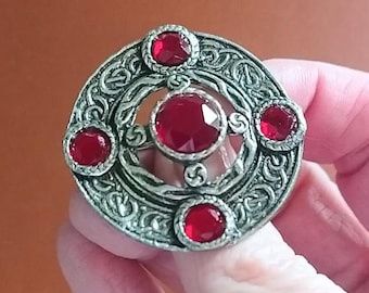 Vintage Celtic Shield Brooch with Red Faux Stones, Scottish Style Pin