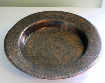 Vintage Hammered Copper Dish, Patinated Shallow Bowl