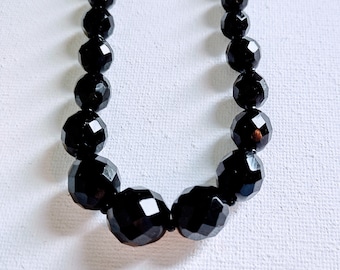 Jet Black Glass Necklace, Vintage 1950s Beads, 24 Inch