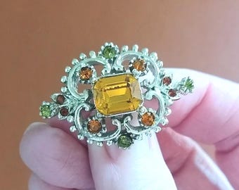 Vintage Exquisite Brooch, Faux Orange Citrine & Green Peridot, 1960s Costume Jewellery