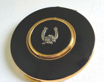 Rare Vintage Kigu Powder Compact, Black Lacquer with Marcasite Horseshoe & Shamrock, Photo Compartment