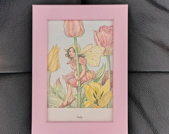Vintage Tulip Flower Fairy Print, 1970s Book Plate in Pink Frame