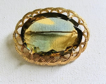 Vintage Smoky Citrine Glass Brooch, Filigree Gold Tone Oval Pin