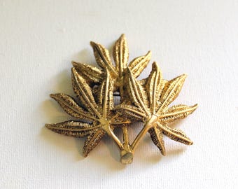 Vintage Leritz Leaf Brooch, Large Gold Tone Statement Pin, 1980s Signed