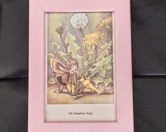 Vintage Dandelion Flower Fairy Print, Original 1970s Book Plate in Pink Frame