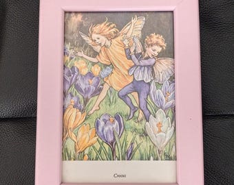 Vintage Crocus Flower Fairy Print, Original 1970s Book Plate in Pink Frame