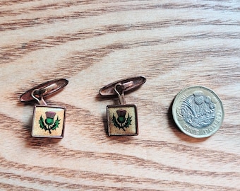 Vintage Scottish Thistle Cufflinks, Small Celluloid Cuff Links in Brass