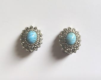 1950s Vintage Earrings, Faux Turquoise & Marcasite Clip Ons