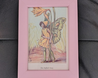 Vintage Daffodil Flower Fairy Print, Original 1970s Book Plate in Pink Frame
