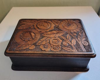 Vintage Wooden Box with Floral Decoration, Two Compartment Decorative Wood Trinket Box