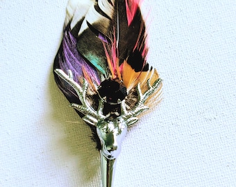 Vintage Scottish Stag Head Brooch, Feather Plume, Faux Amethyst Glass, Highland Kilt Pin, Boutonniere
