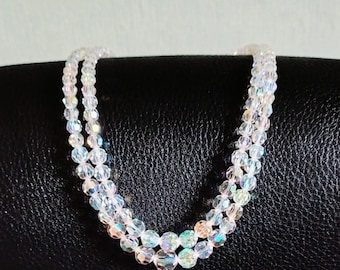 Vintage Aurora Borealis Crystal Necklace, Double Strand Beads with Diamante Clasp