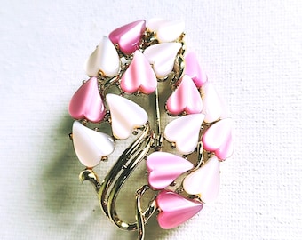 Vintage Coro Brooch, Pink & White Heart-Shaped Leaves, Romantic Jewellery Pin