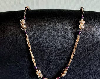 Vintage Long Gold Tone Necklace, Faux Amethyst Purple Beads, 41" Fancy Chain 1980s