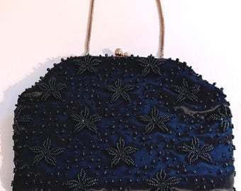 Vintage Beaded Bag, Black Formal Purse, 1960s Evening Clutch