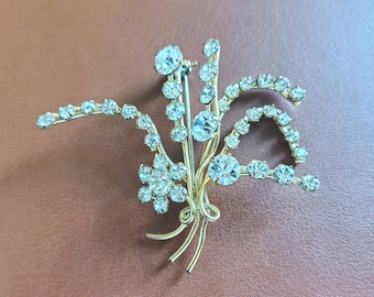 Vintage Flower Spray Brooch, Gold Tone Floral Pin Diamante Rhinestone
