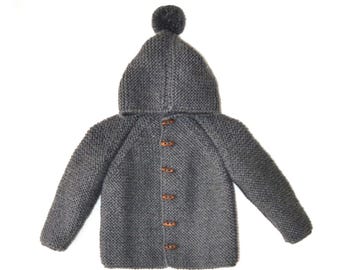 NEW! Hand Knitted baby wool hoodie cardigan/Jacket, Chunky, Duffel Coat, Raglan with pom pom, picture color dark gray