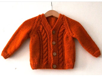 NEW!! Hand knitted %100 wool unisex baby/toddler cardigan/jacket, chunky, V-neckline, long raglan sleeves, front side cable-knitting