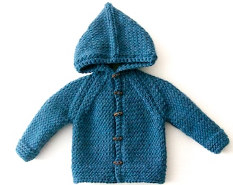 Hand Knitted unisex kids, baby/toddler Wool hoodie Cardigan/Jacket, Duffel Coat, Bulky