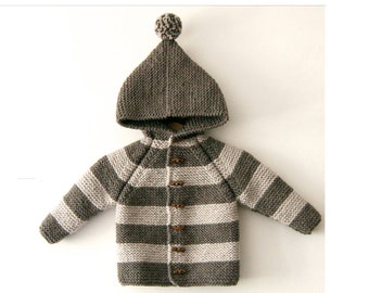 NEW! Hand Knitted baby/toddler/kids wool hoodie cardigan/Jacket,Chunky,Duffel Coat,Raglan sleeves withpom pom Dark Mink-Canvas Beige striped