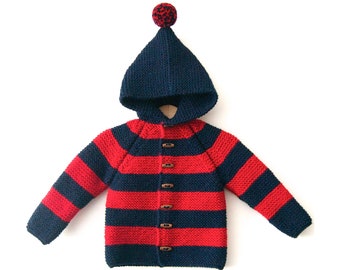 NEW! Hand Knitted baby/toddler kids boy wool hoodie cardigan/Jacket, Chunky, Duffel Coat, Raglan with pom pom Navy Blue-Red color striped