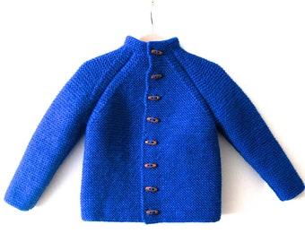 Hand knitted unisex kids, baby/toddler wool cardigan/jacket, chunky, Duffel Coat, long raglan sleeves , wooden buttons, choose your color