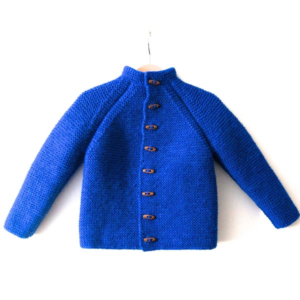 Hand knitted unisex kids, baby/toddler wool cardigan/jacket, chunky, Duffel Coat, long raglan sleeves , wooden buttons, choose your color