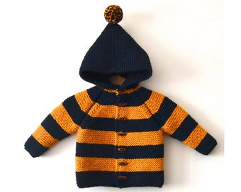 NEW! Hand Knitted baby/toddler kids boy wool hoodie cardigan/Jacket,Chunky, Duffel Coat, Raglan with pom pom Navy Blue-Mustard color striped