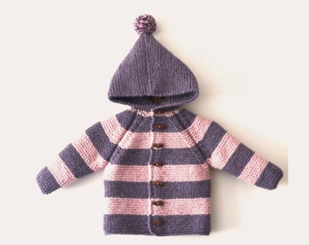 NEW! Hand Knitted baby/toddler girl wool hoodie cardigan/Jacket,Chunky,Duffel Coat,Long Raglan sleeves,Damson Mix-Light Pink color striped