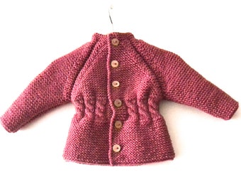 Hand knitted wool baby/toddler girl cardigan/jacket,coat, chunky, raglan sleeves, front&back side cable-knitting, coconut buttons
