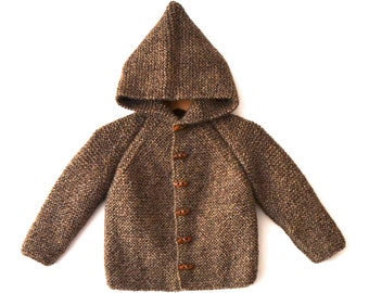 NEW!! Hand Knitted unisex kids %100 wool hoodie cardigan/Jacket, Chunky, Duffel Coat, Long Raglan Sleeves, Dark Brown-Creme Marl color