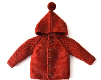 Hand Knitted unisex kids wool hoodie cardigan/Jacket, Chunky, Duffel Coat, Raglan with pom pom