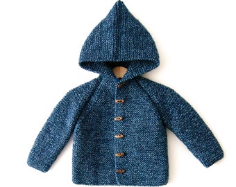 NEW!! Hand Knitted unisex kids %100 wool hoodie cardigan/Jacket, Chunky, Duffel Coat, Long Raglan Sleeves, Dark Blue-Blue Marl color