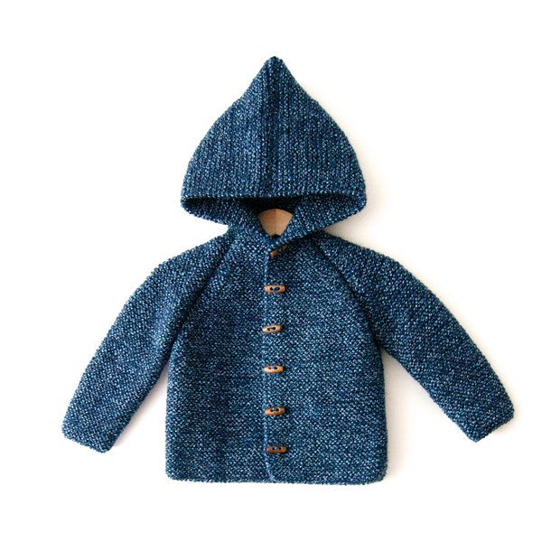 NEW!! Hand Knitted unisex kids %100 wool hoodie cardigan/Jacket, Chunky, Duffel Coat, Long Raglan Sleeves, Dark Blue-Blue Marl color