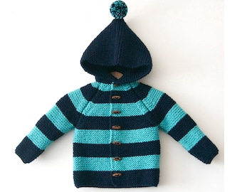 NEW! Hand Knitted baby/toddler kids boy wool hoodie cardigan/Jacket, Chunky, Duffel Coat, Raglan with pom pom Navy Blue-Azure color striped