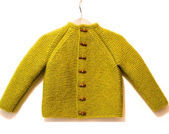Hand Knitted unisex kids wool hoodless cardigan/Jacket, Chunky, Duffel Coat, Raglan sleeves
