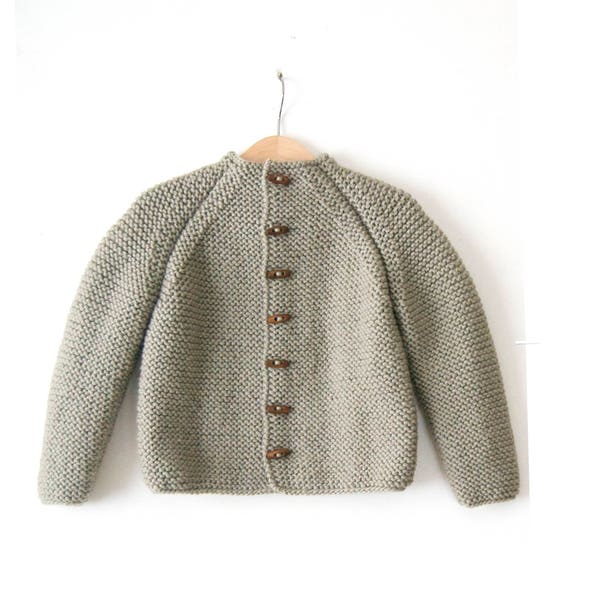 Hand knitted unisex kids, baby/toddler wool cardigan/jacket, chunky, Duffel Coat, long raglan sleeves , wooden buttons, choose your color