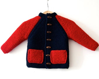 Hand Knitted unisex kids wool hoodless cardigan/Jacket, Chunky, Duffel Coat, Long Raglan sleeves