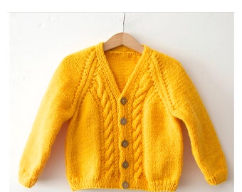 NEW!! Hand knitted %100 wool unisex baby/toddler cardigan/jacket, chunky, V-neckline, long raglan sleeves, front side cable-knitting