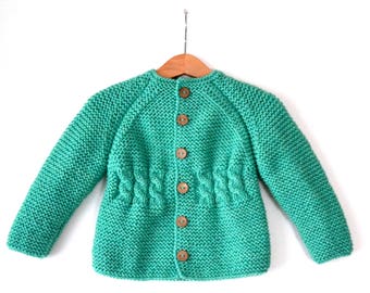 Hand knitted wool girl cardigan/jacket, chunky, front&back side cable-knitting, coconut buttons