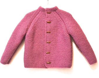 Hand Knitted unisex kids wool hoodless cardigan/Jacket, Chunky, Duffel Coat, Raglan sleeves