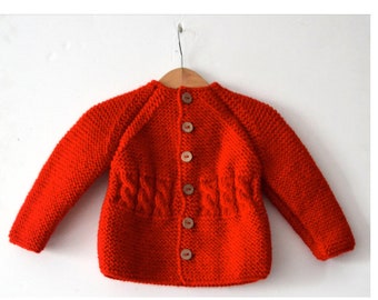 Hand knitted wool baby/toddler girl cardigan/jacket,coat, chunky, raglan sleeves, front&back side cable-knitting, coconut buttons