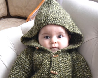 Hand Knitted Baby Boy %100 Wool Hoodie Cardigan/Jacket, Chunky, Duffel Coat, Green and Olive Green Marl