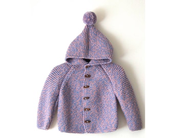 NEW! Hand Knitted unisex kids wool hoodie cardigan/jacket,chunky,duffel coat,raglan sleeves with pom pom, blue&pink mixed color mouline yarn