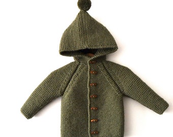 Hand Knitted unisex kids wool hoodie cardigan/Jacket, Chunky, Duffel Coat, Raglan with pom pom