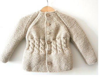 NEW!! Hand knitted wool baby/toddler girl cardigan/jacket,coat, chunky, long raglan sleeves, front&back side cable-knitting, coconut buttons