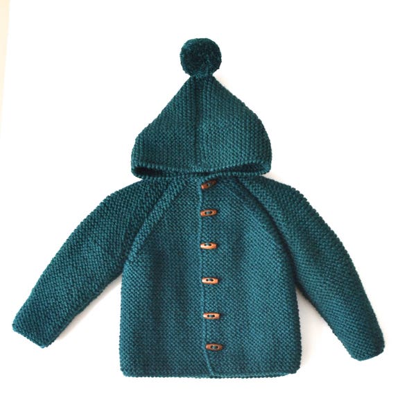 NEW! Hand Knitted unisex kids wool hoodie cardigan/Jacket, Chunky, Duffel Coat, Raglan with pom pom, picture color bottle green